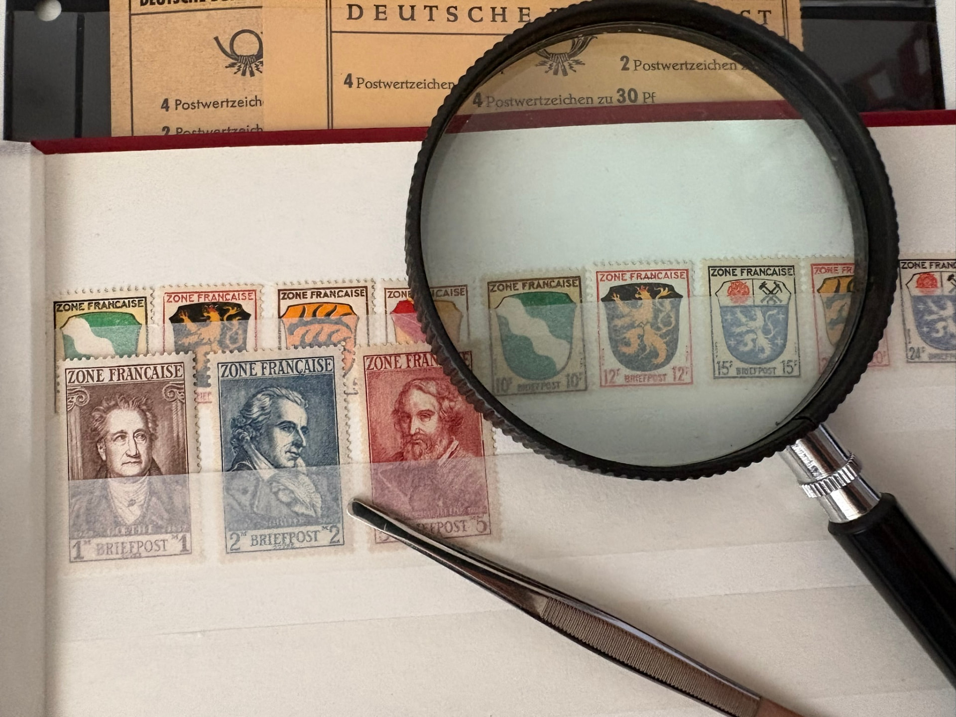 Briefmarkensammlung mit Viererblocks aus Deutsches Reich, Bayern, Belgien und Schweden